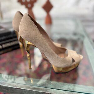 Herve Leger KELLIA Nude Lamb Suede Gold Prism Heel